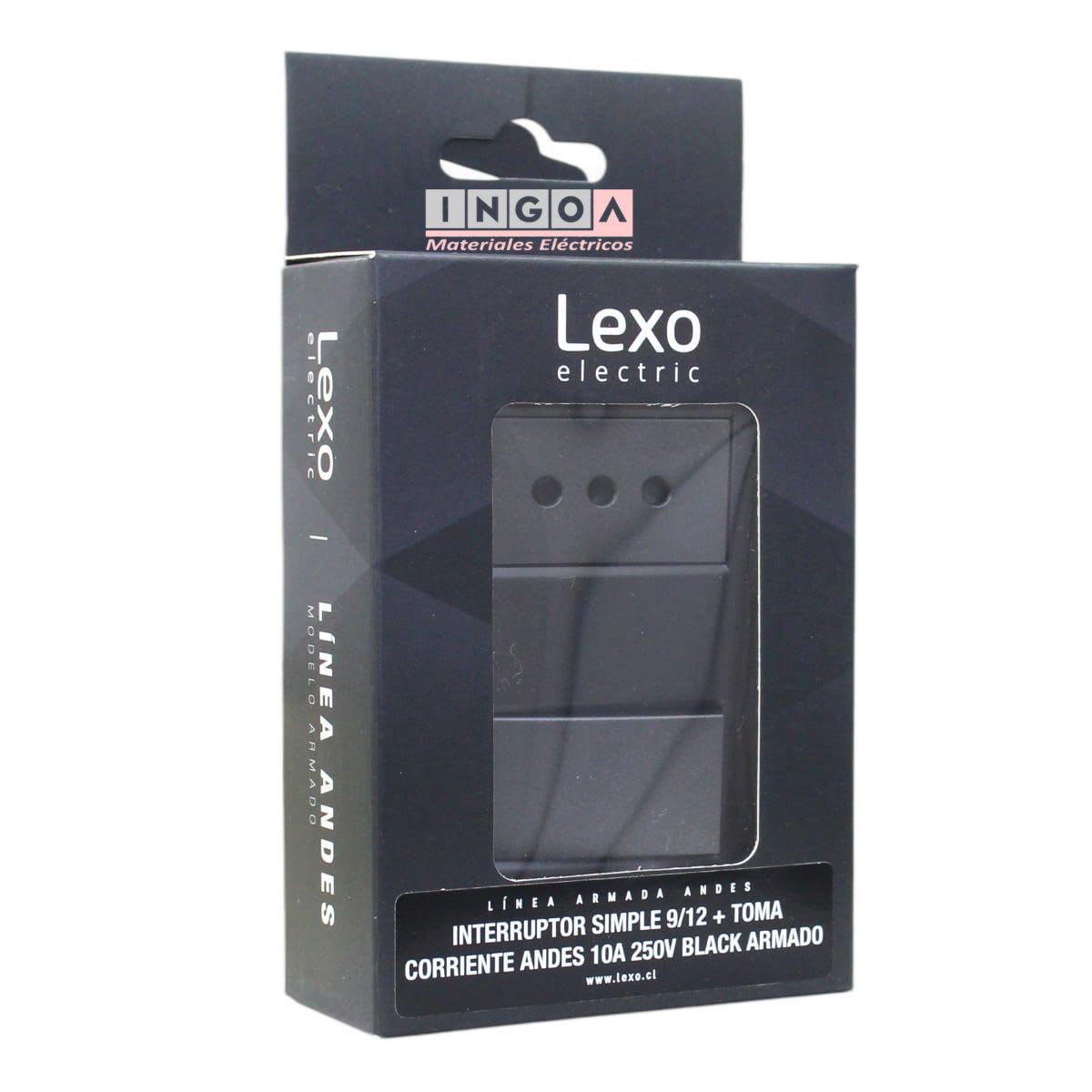 Interruptor Emb. 9/12 + Enchufe 10A 250V Negro Linea Andes Lexo5
