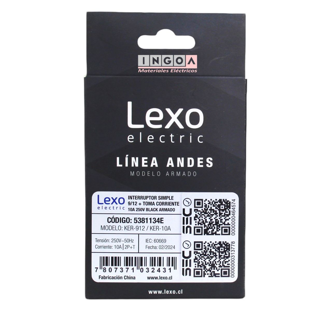 Interruptor Emb. 9/12 + Enchufe 10A 250V Negro Linea Andes Lexo6