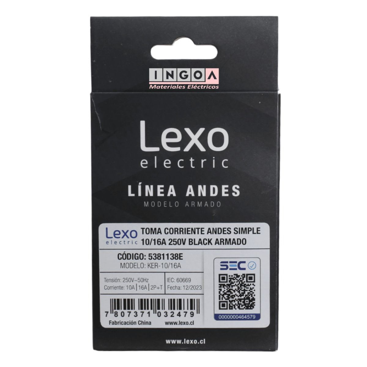 Enchufe Simple Emb. 10/16A 250V Negro Linea Andes Lexo5