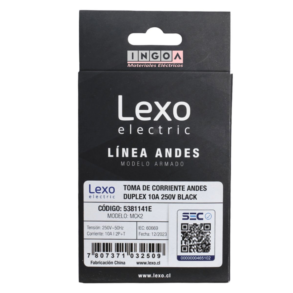 Enchufe Doble Puenteado Emb. 10A 250V Negro Linea Andes Lexo5