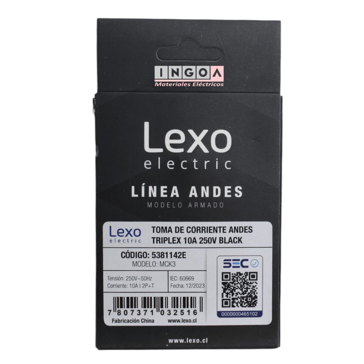 Enchufe Triple Puenteado Emb. 10A 250V Negro Linea Andes Lexo5