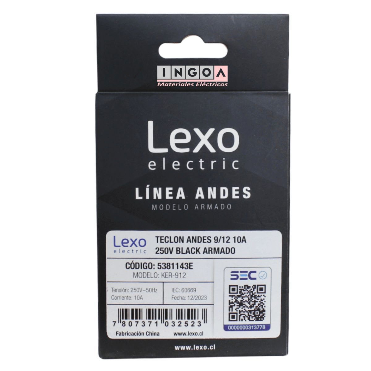 Interruptor Emb. 9/12 Teclon 73MM 10A 250V Negro Linea Andes Lexo5