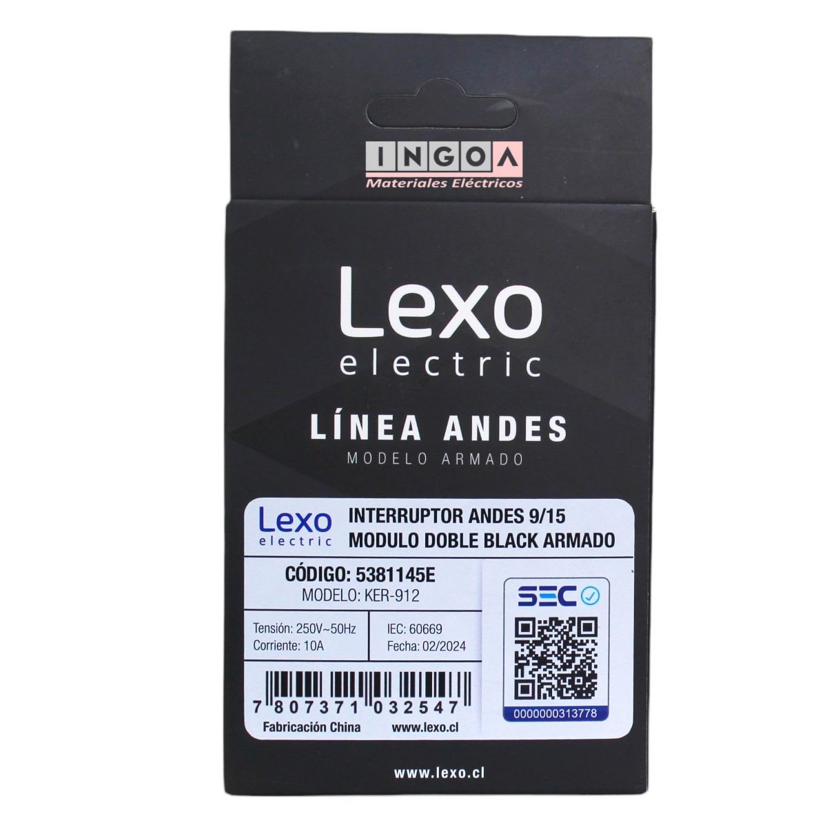Interruptor Doble Emb. 9/15 Teclones 35,6MM 10A 250V Negro Linea Andes Lexo6