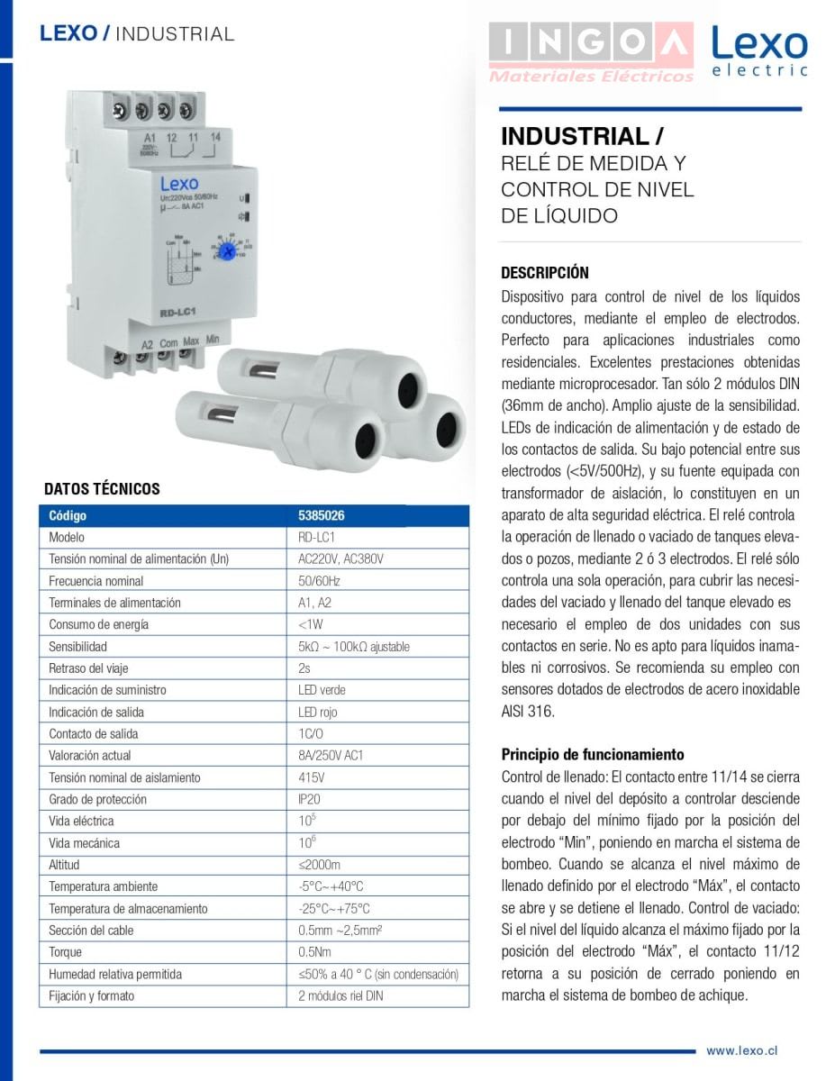 Rele Control de nivel de Liquido 2P RD-LC1 220-380VAC Lexo - Vista 2