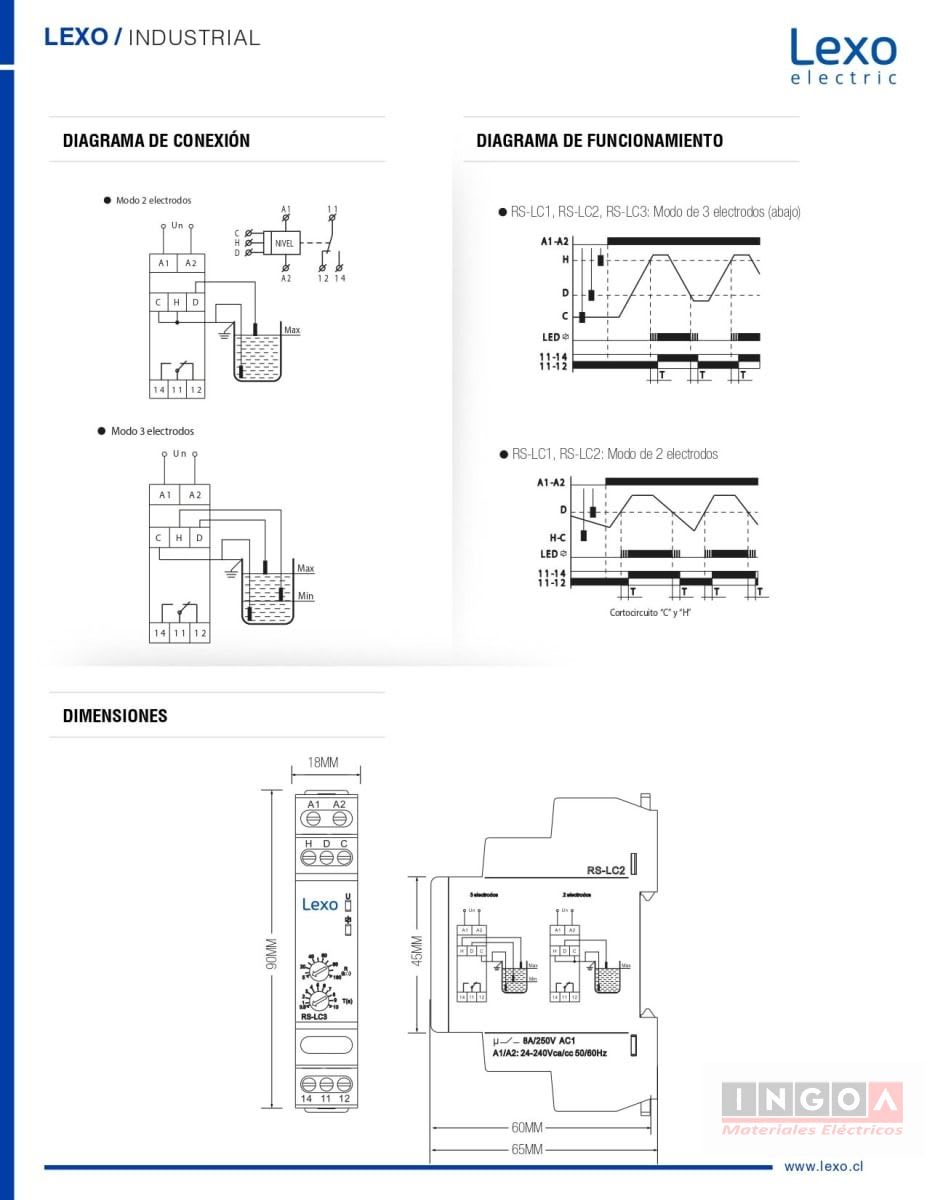 Rele Control de nivel de Liquido 1P RS-LC2 24-220VAC/DC Lexo10