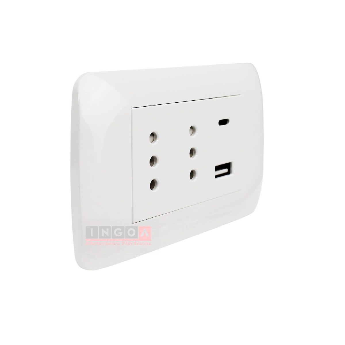 Enchufe Doble Puenteado Emb. 10A + 2 USB (Tipo A y C) Blanco Lexo2
