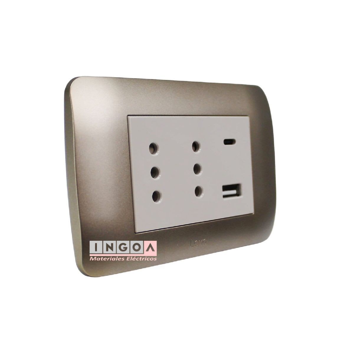 Enchufe Doble Pueteado Emb. 10A + 2 USB (Tipo A y C) Beige/Titanio Lexo2