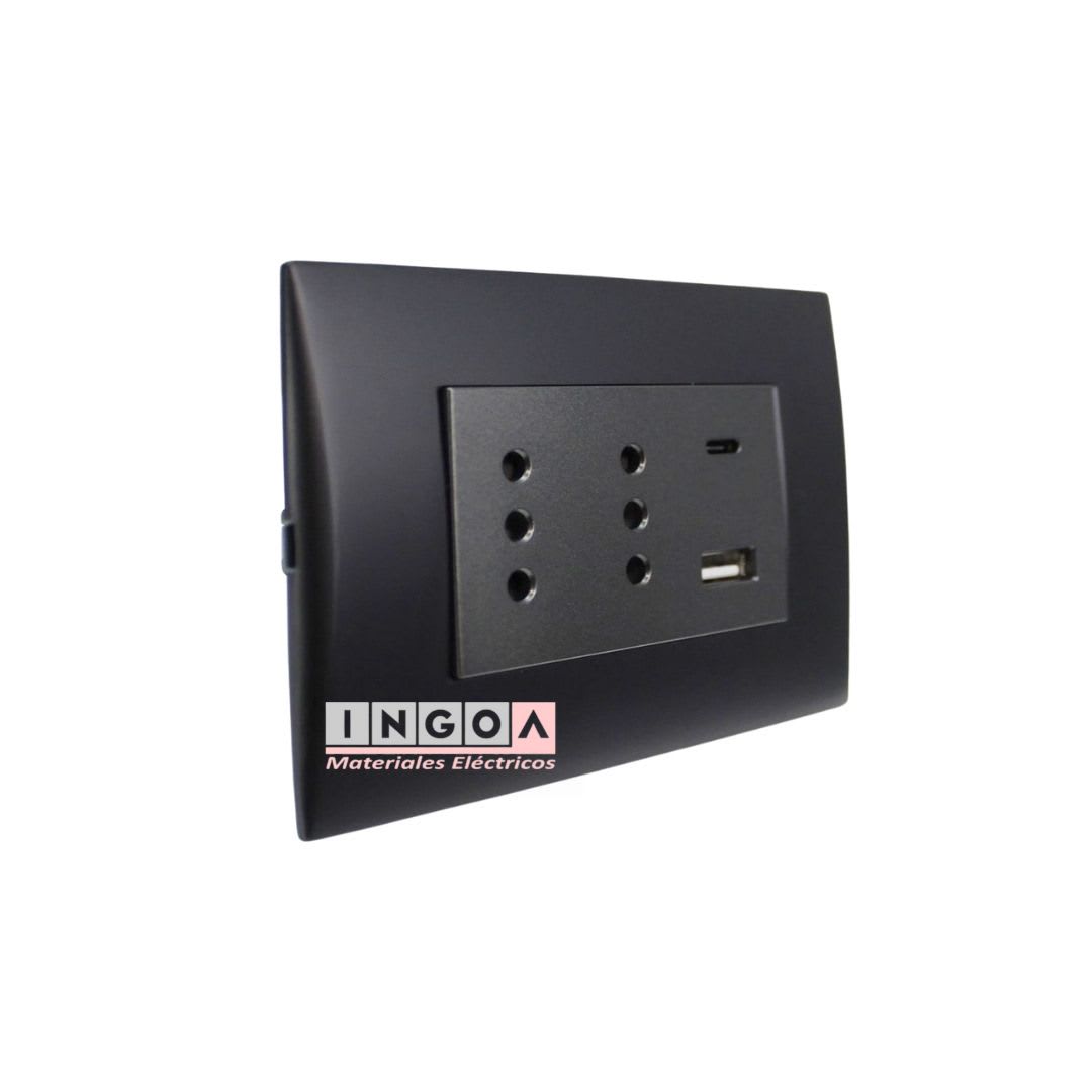 Enchufe Doble Puenteado Emb. 10A + 2 USB (Tipo A y C) Negro Linea Andes Lexo2