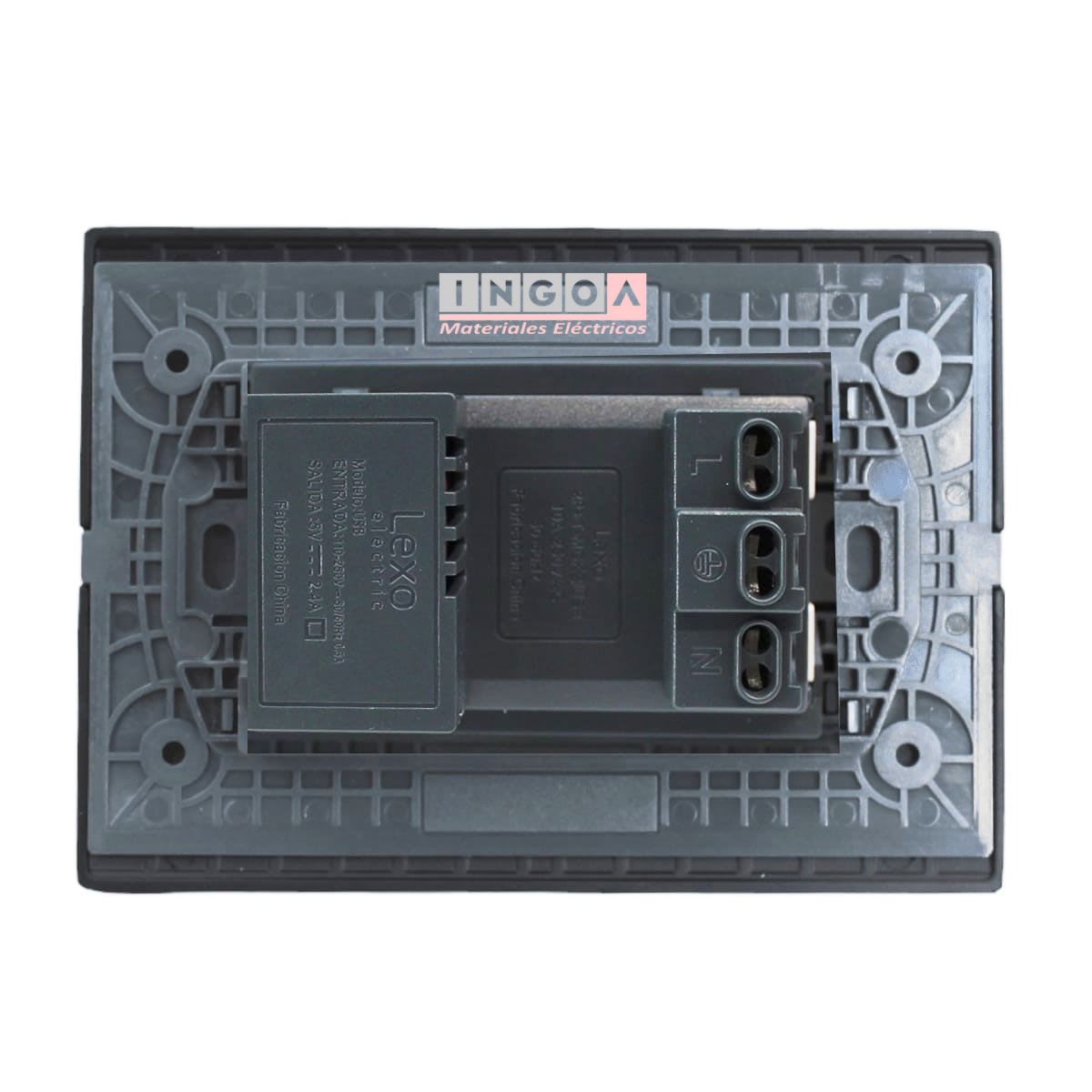 Enchufe Doble Puenteado Emb. 10A + 2 USB (Tipo A y C) Negro Linea Andes Lexo3