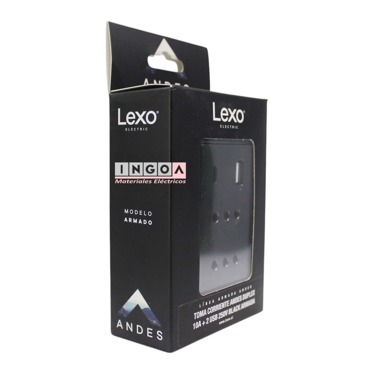 Enchufe Doble Puenteado Emb. 10A + 2 USB (Tipo A y C) Negro Linea Andes Lexo4