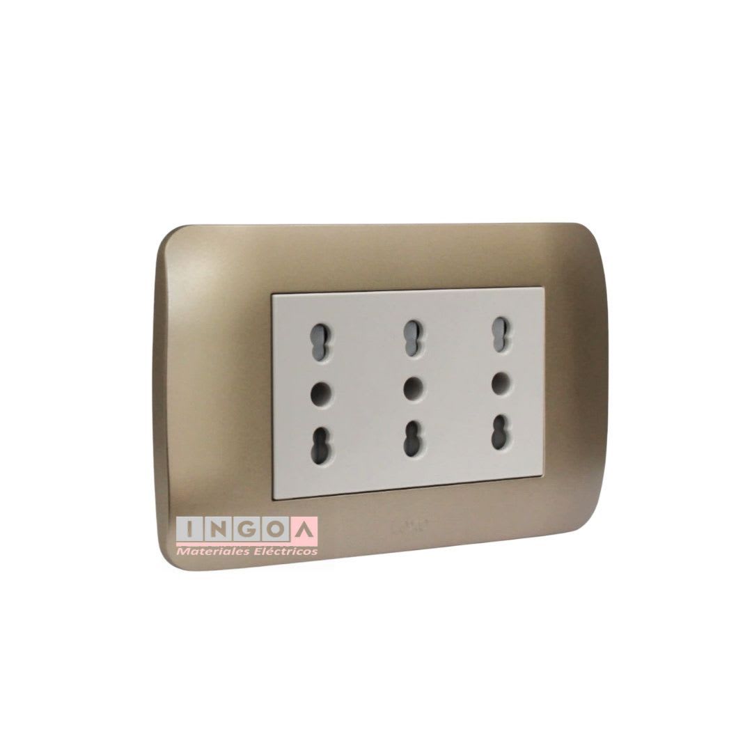 Enchufe Triple Puenteado Emb. 10/16A 250V Mod. Beige Placa Titanio Lexo2