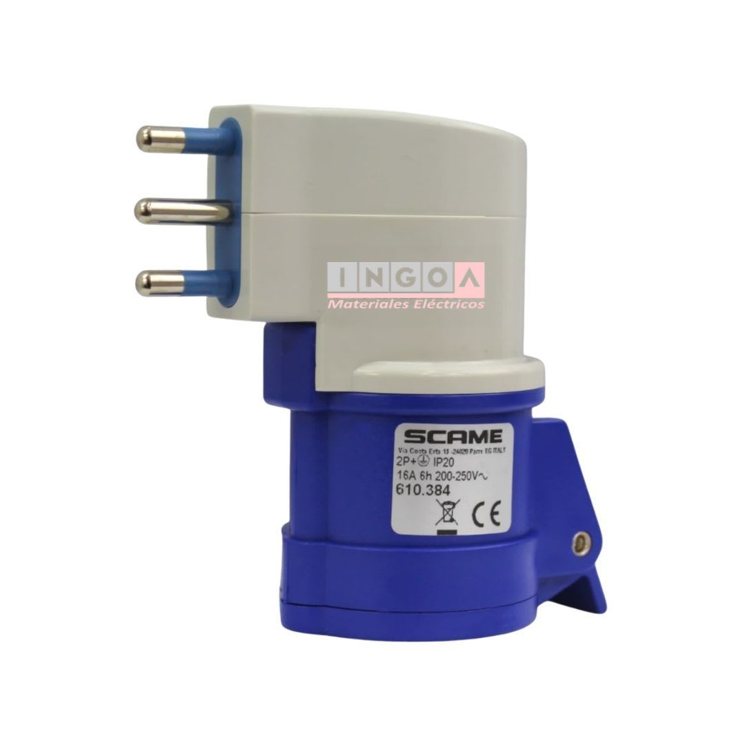 Enchufe Adaptador Ind. IP20 - de 16A 250V a Toma 2P+T (Domiciliario a Industrial) - Scame - Vista 2
