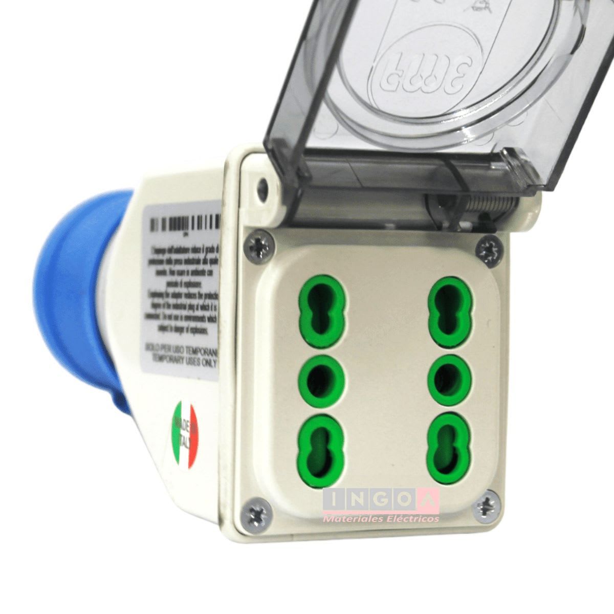 Enchufe Adaptador Ind. IP44 - 2 Tomas 2P+T 10/16A 250V (Industrial a Domiciliario) - Vista 3