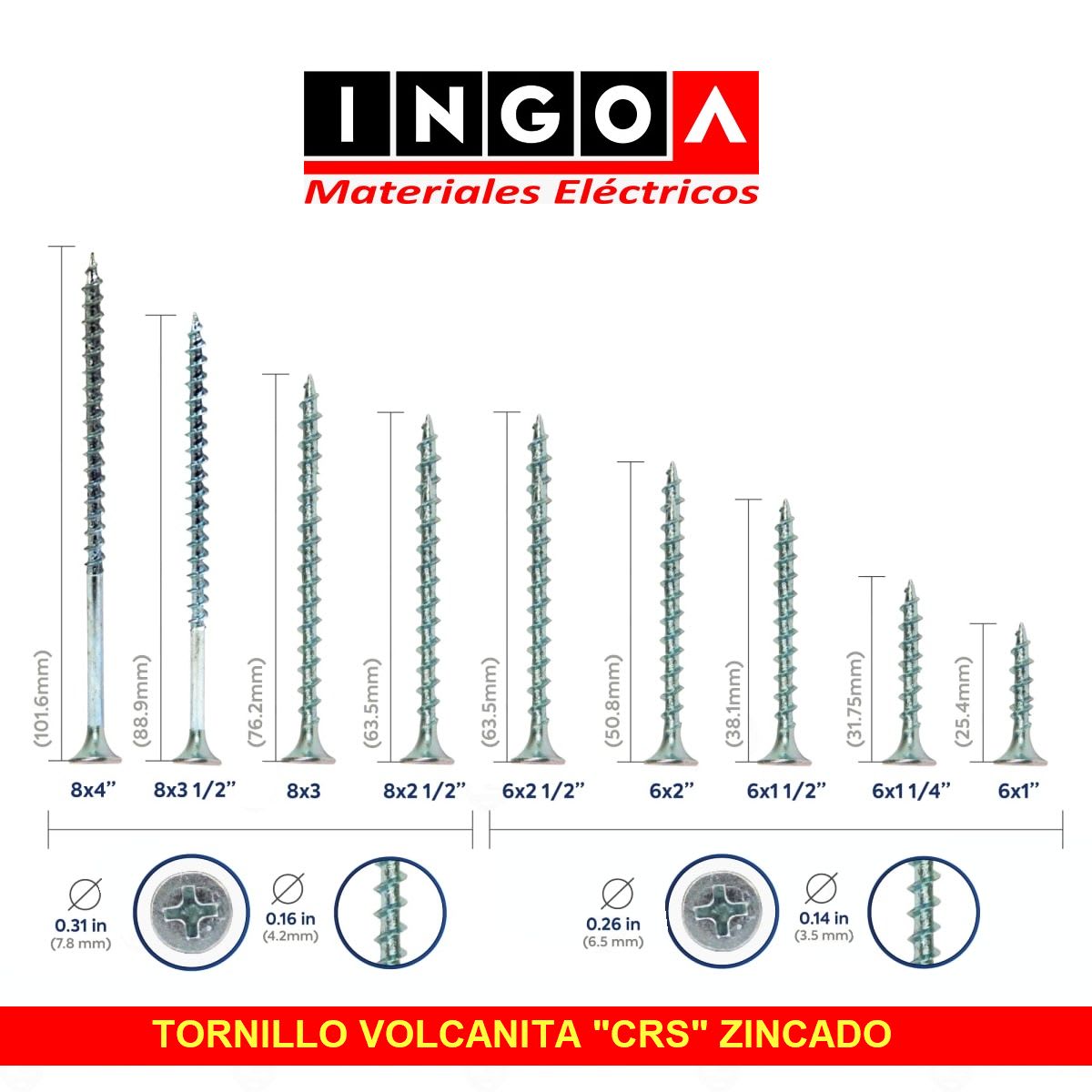 Tornillo Volcanita CRS 6x1 5/8 Punta Fina3