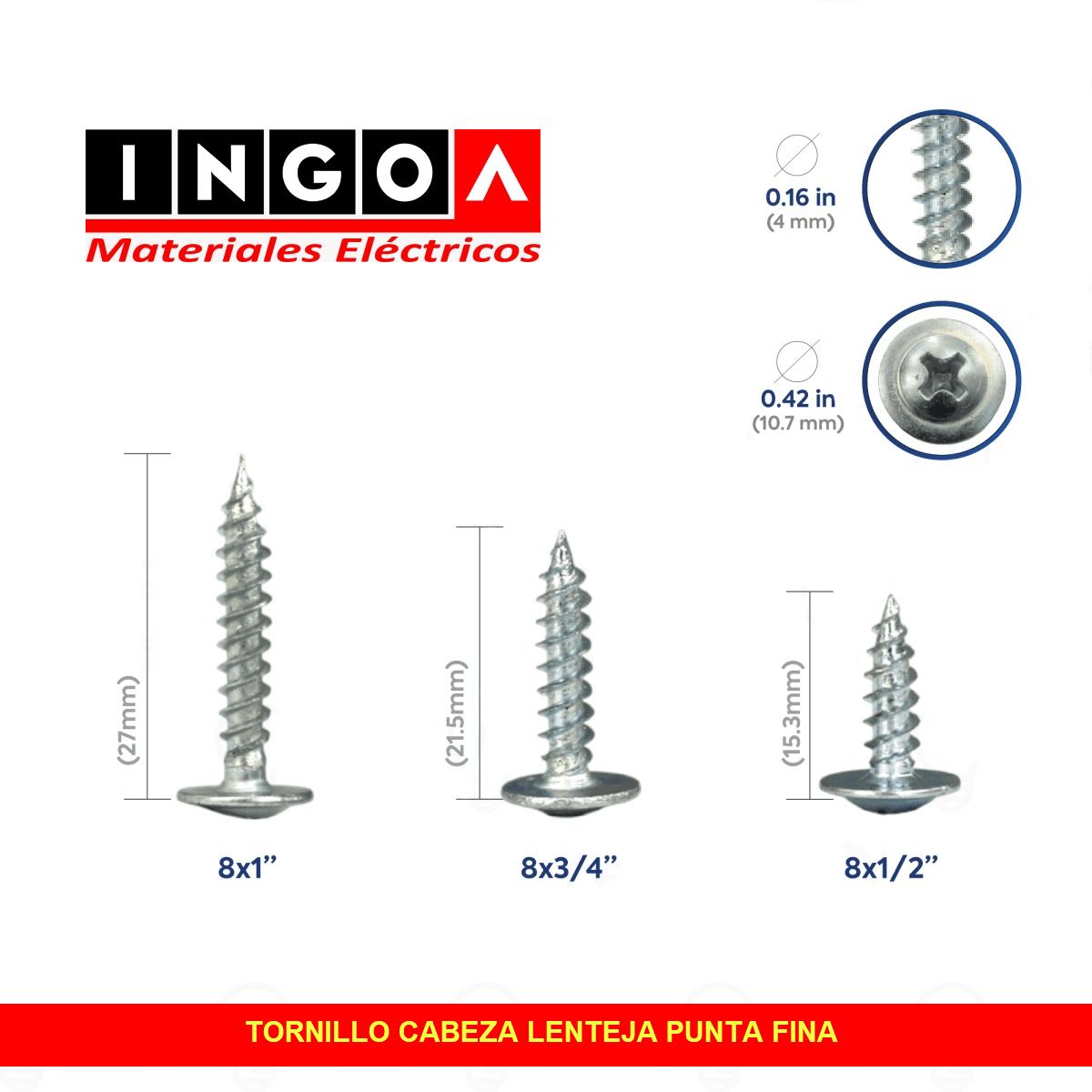 Tornillo Cabeza de Lenteja 8x1 Truss Punta Fina3