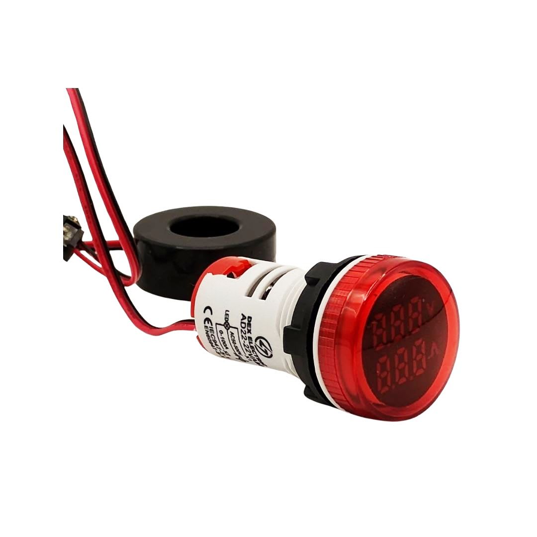 Luz Piloto Led Roja con Amperimetro y Voltimetro, 0-100A, 50-500VAC, 22mm 0