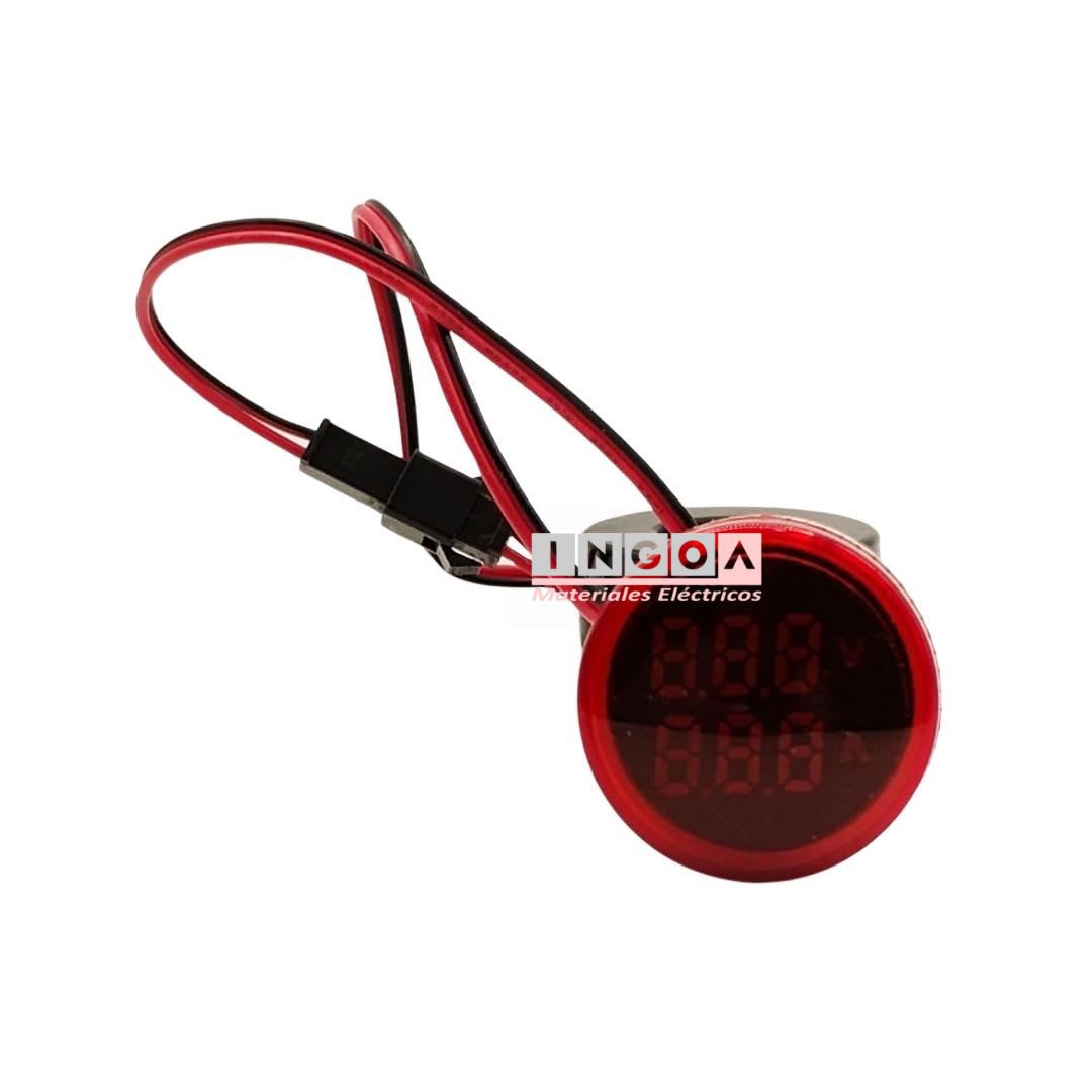 Luz Piloto Led Roja con Amperimetro y Voltimetro, 0-100A, 50-500VAC, 22mm2