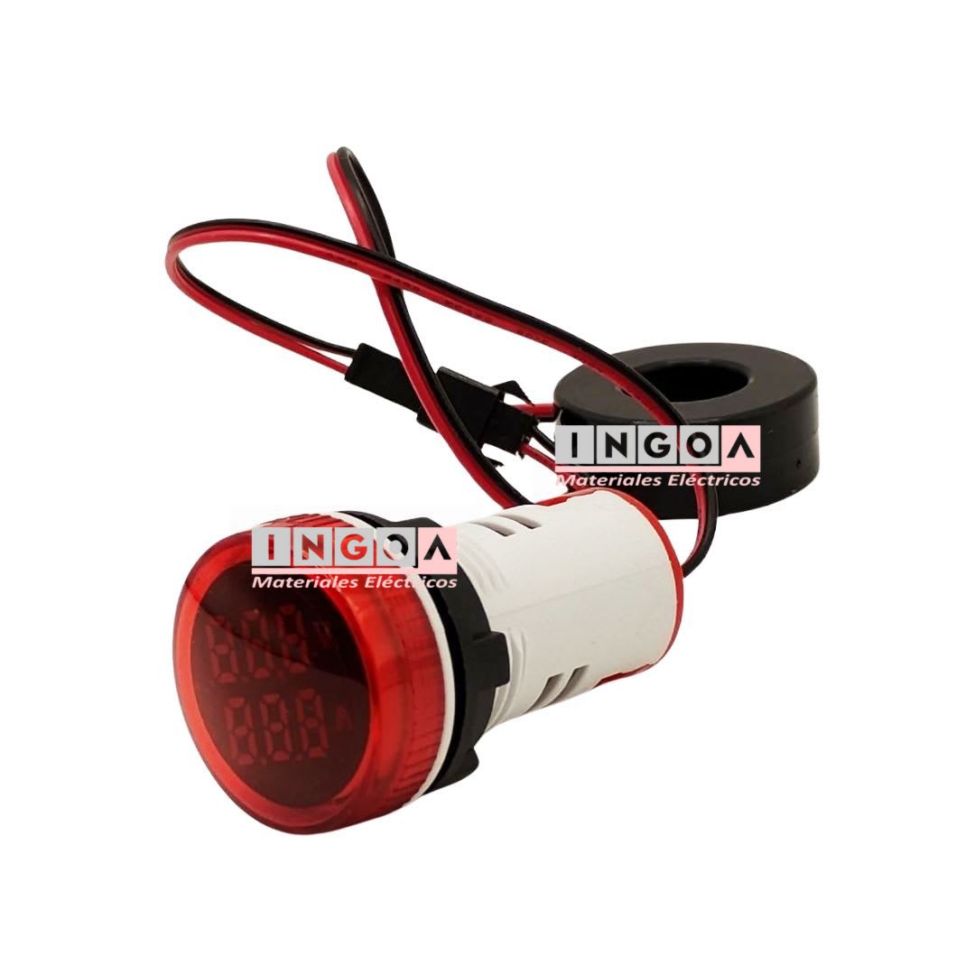 Luz Piloto Led Roja con Amperimetro y Voltimetro, 0-100A, 50-500VAC, 22mm3