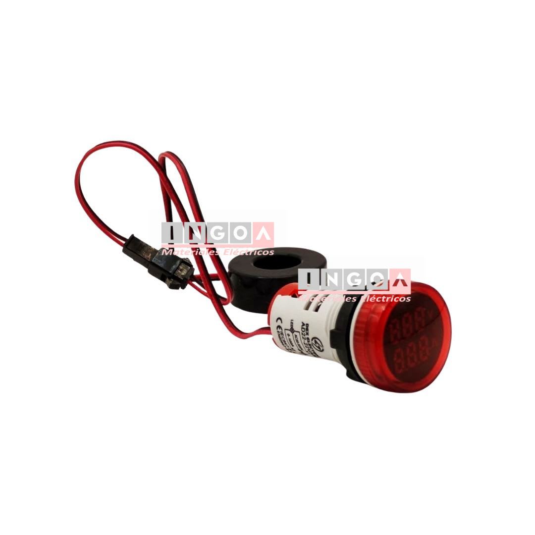 Luz Piloto Led Roja con Amperimetro y Voltimetro, 0-100A, 50-500VAC, 22mm4