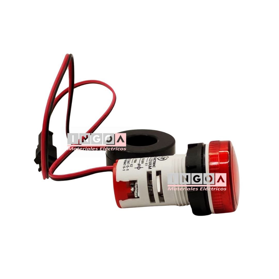 Luz Piloto Led Roja con Amperimetro y Voltimetro, 0-100A, 50-500VAC, 22mm5