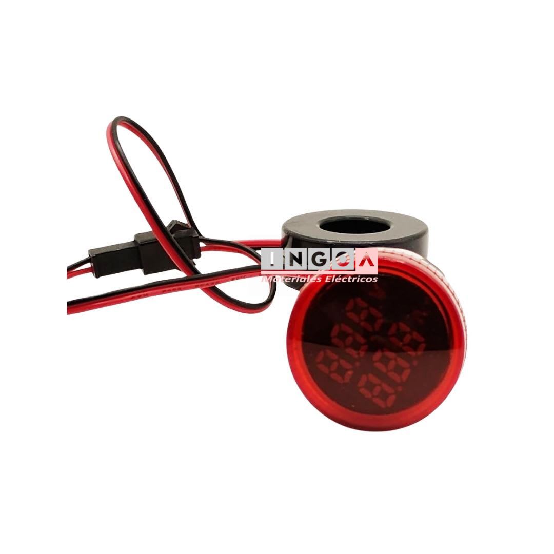 Luz Piloto Led Roja con Amperimetro y Voltimetro, 0-100A, 50-500VAC, 22mm7