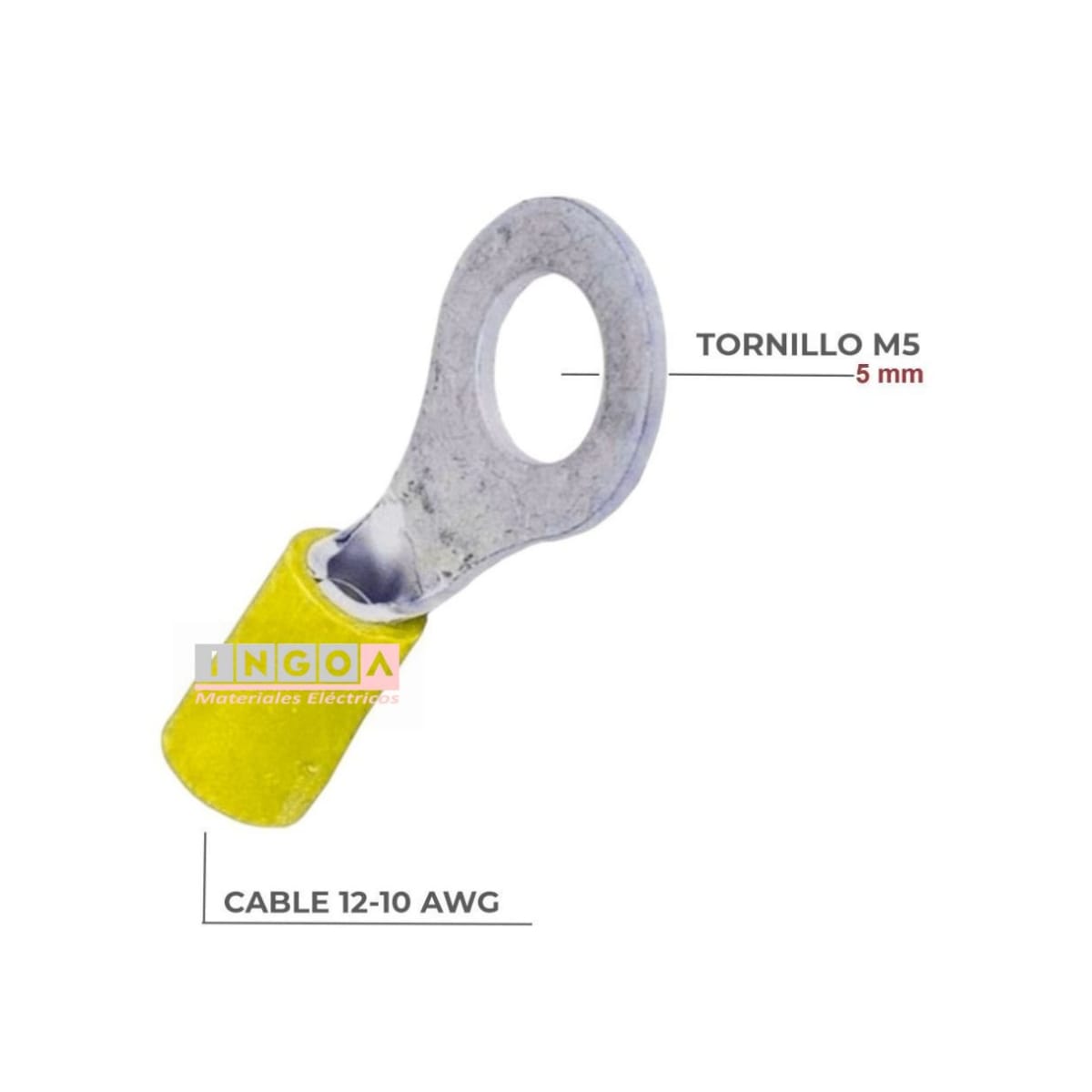 Terminal Ojo Aislado 12-10 AWG Amarillo M5 (100un) - Vista 2