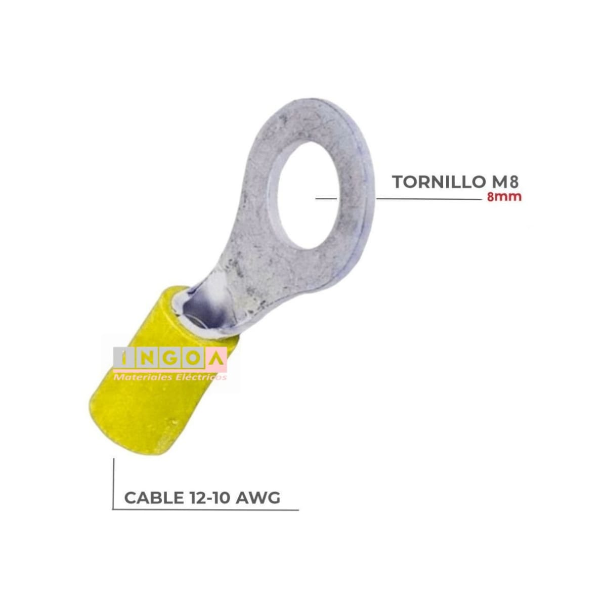 Terminal Ojo Aislado 12-10 AWG Amarillo M8 (100un) - Vista 2