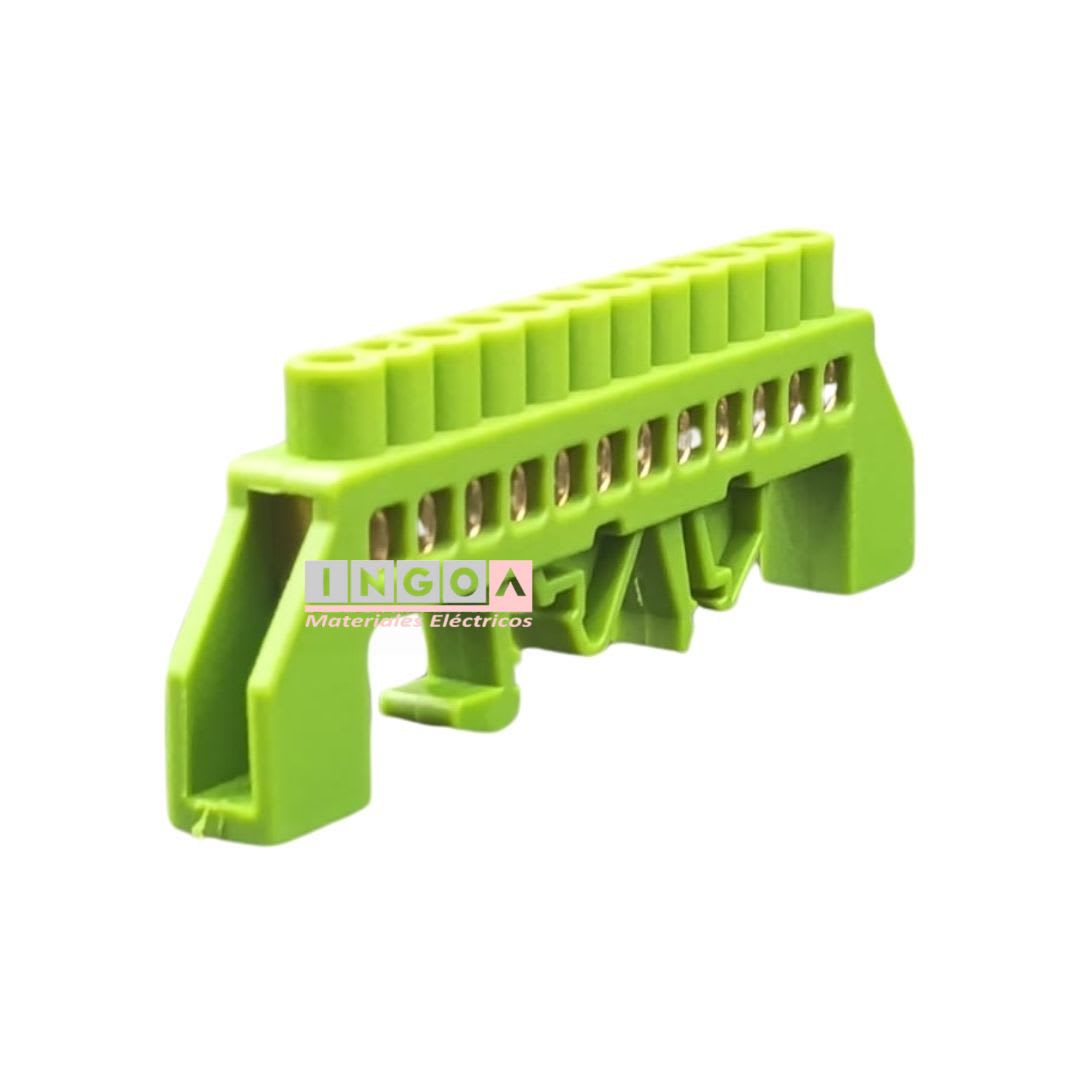 Barra Repartidora Riel Din 12 Conexiones Aislada Verde7
