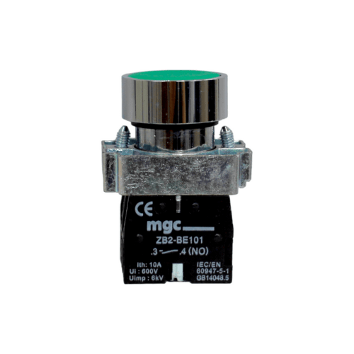 Pulsador Plano Metálico Verde 1NO 22MM2