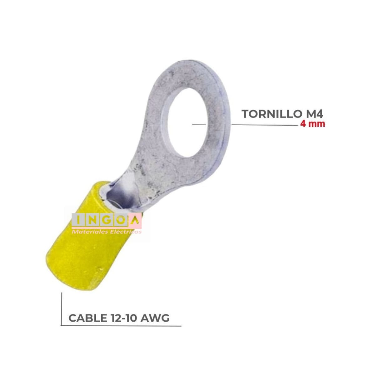Terminal Ojo Aislado 12-10 AWG Amarillo M4 (100un) - Vista 2