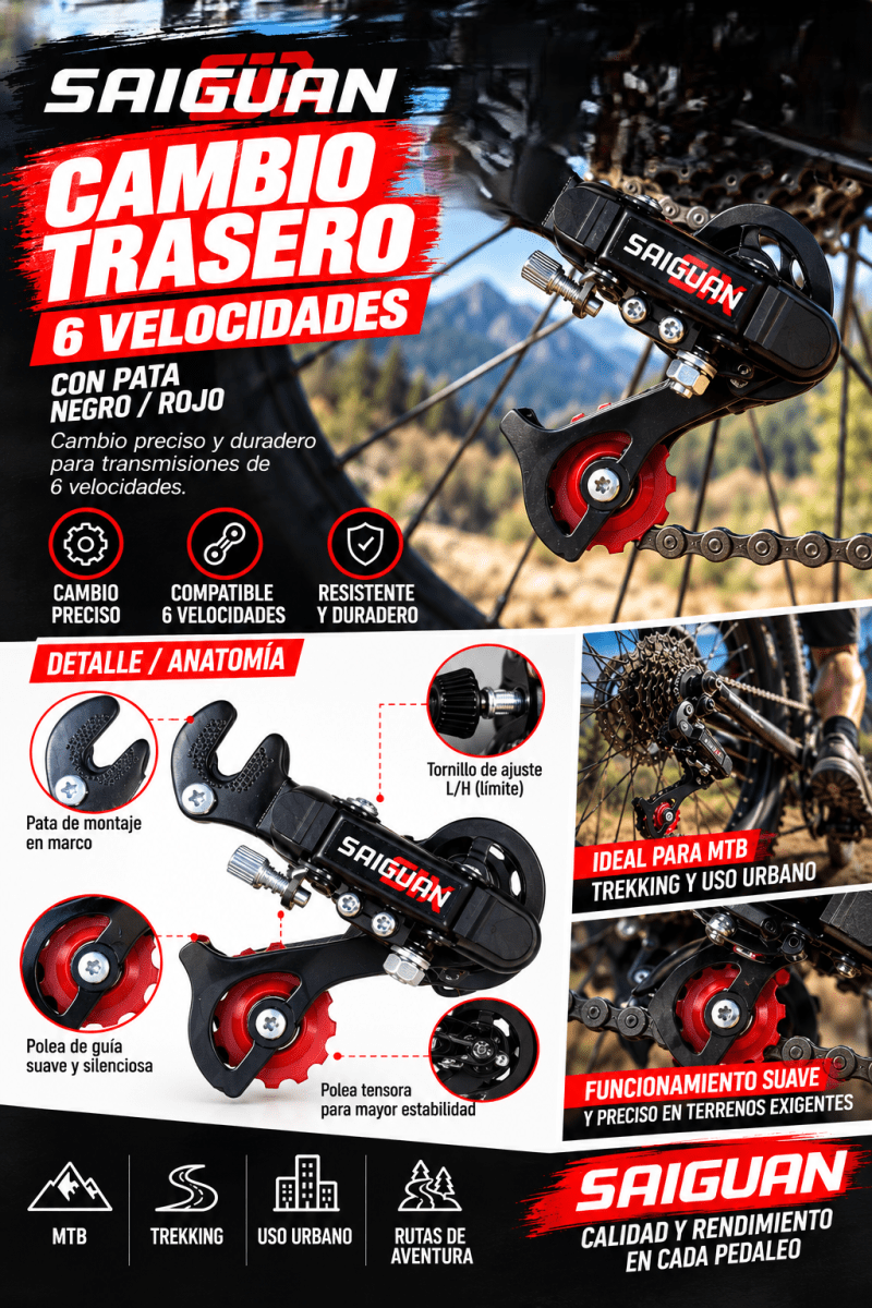 Cambio Trasero MTB 6 Velocidades con Pata Saiguan Negro/Rojo2