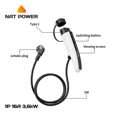 Cargador Vehículo Eléctrico Portátil 3.6kW Tipo 2 Nat Power