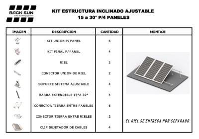Estructura Inclinada 4 Paneles Solares 15° a 30°