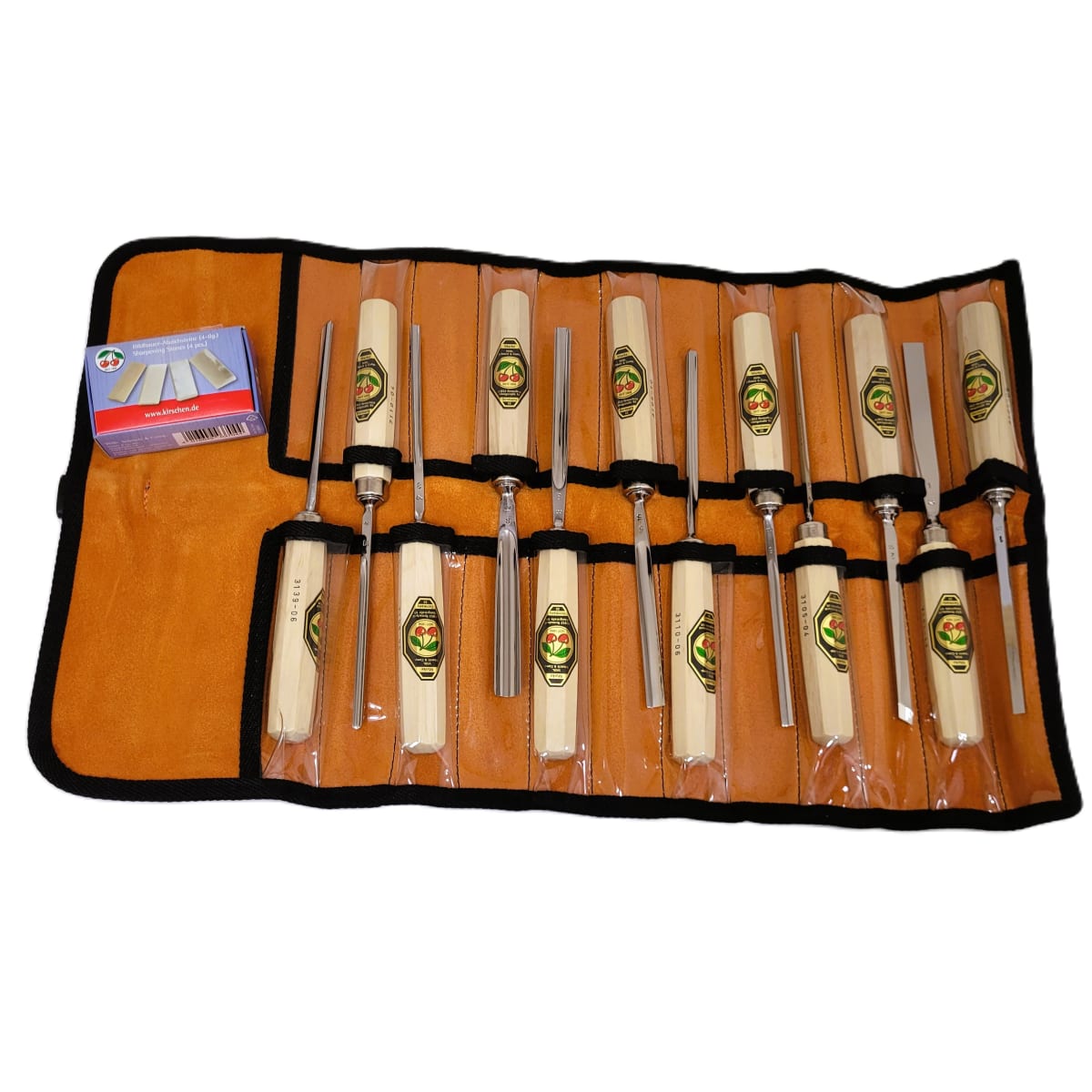 Set 3157 LRT de 12 Gubias 4 Mini Piedras de Arkansas y 1 Estuche de Cuero Two Cherries para Tallado9