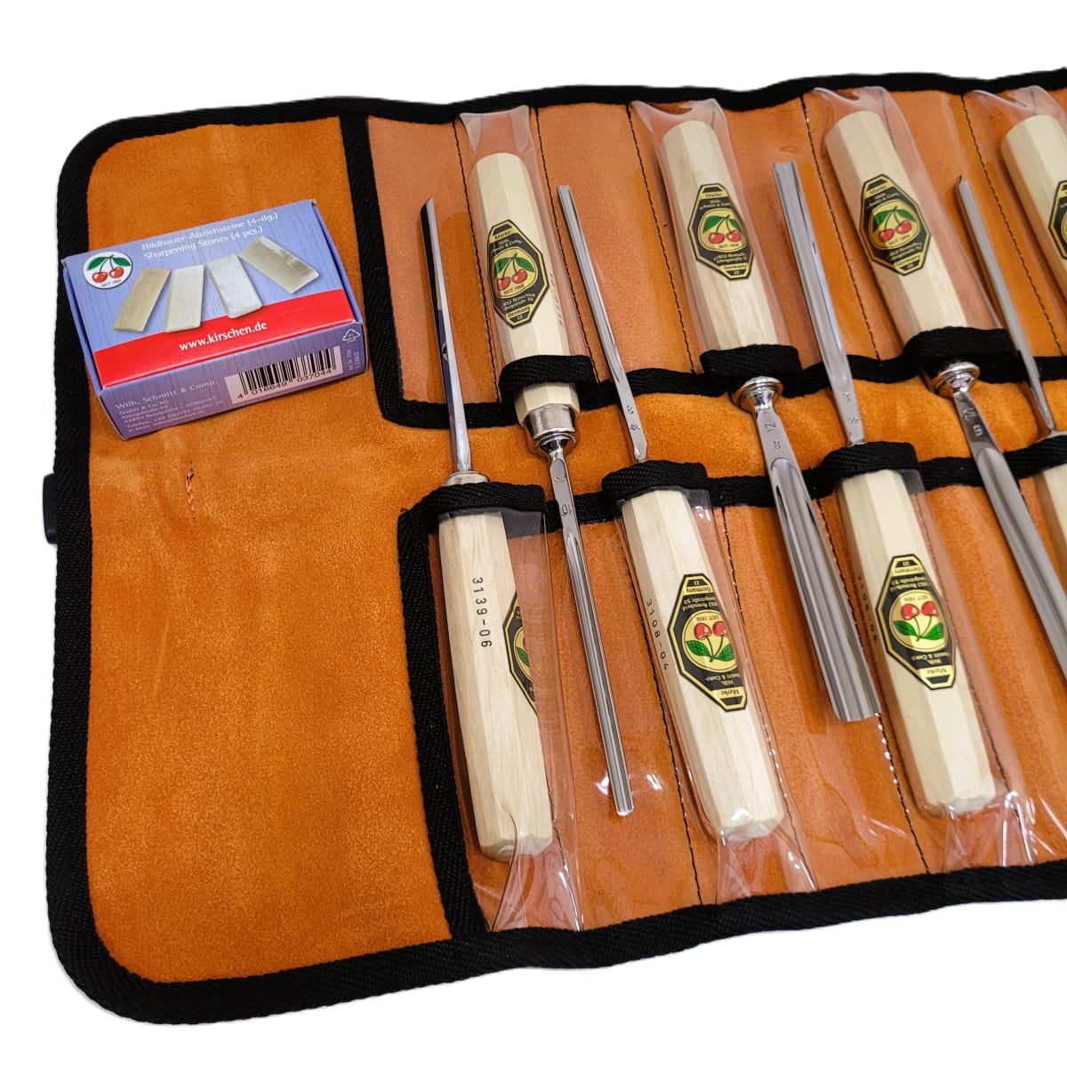 Set 3157 LRT de 12 Gubias 4 Mini Piedras de Arkansas y 1 Estuche de Cuero Two Cherries para Tallado6