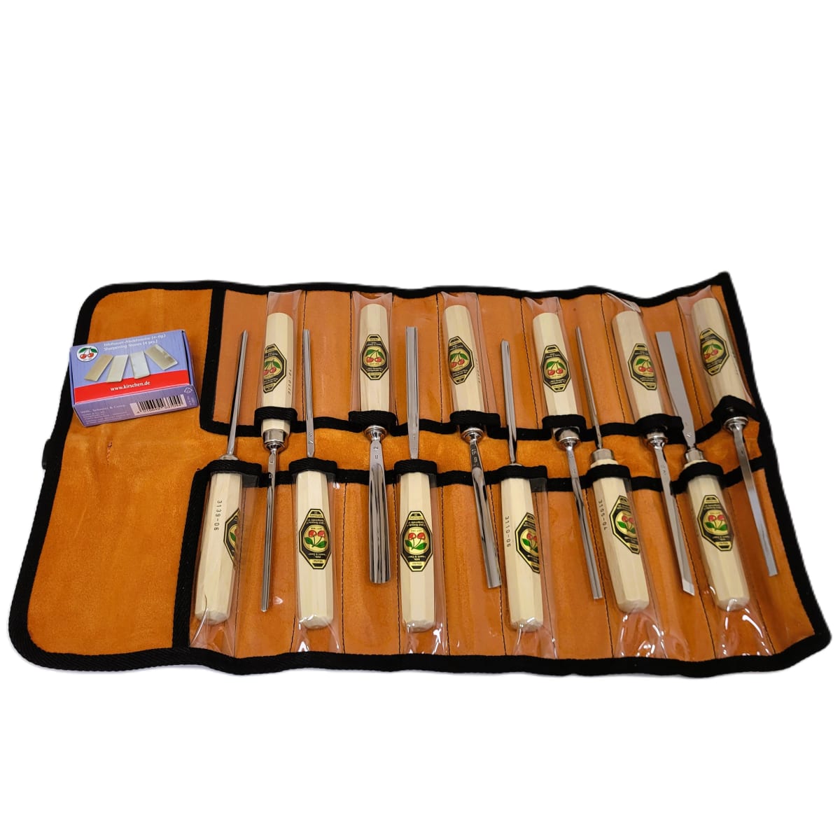 Set 3157 LRT de 12 Gubias 4 Mini Piedras de Arkansas y 1 Estuche de Cuero Two Cherries para Tallado4