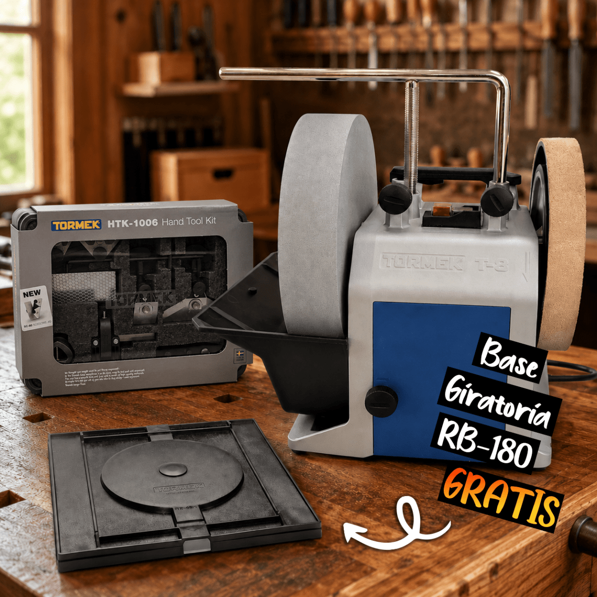 Pack Afiladora Tormek Mod: TORMT8 + Kit de Guias de Afilado HTK-1006 + Base Giratoria RB-180 GRATIS23