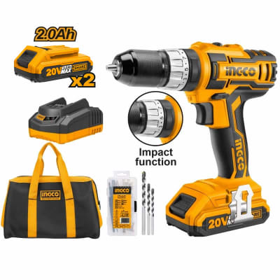TALADRO ATORNILLADOR C/PERCUTOR INGCO INALÁMBRICO 20V - 2 BAT. Y CARGADOR C/BOLSO #CIDLI2002 (C) (OF)1
