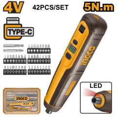 ATORNILLADOR INALÁMBRICO INGCO 4V SIN CABLE USB C/42 ACCESORIOS #CSDLI04062