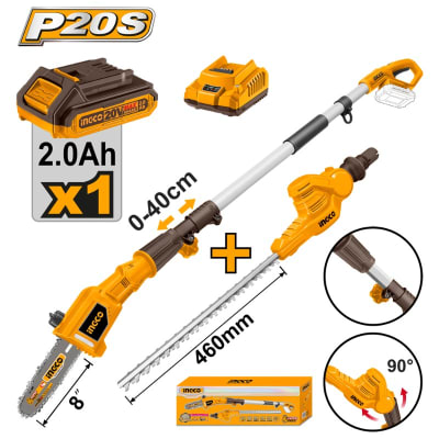CORTASETOS Y MOTOSIERRA INGCO C/PÉRTIGA 20V C/BATERÍA Y C/CARGADOR #CPTS2016811