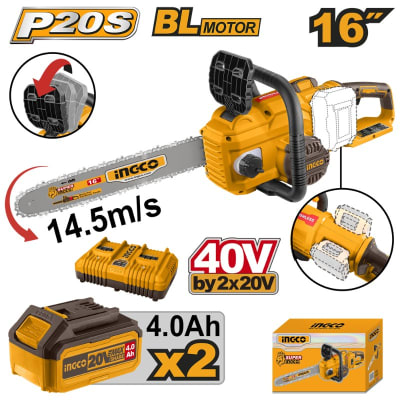 MOTOSIERRA INGCO INALÁMBRICA 20V C/2 BAT. Y C/CARGADOR DOBLE, BARRA 16