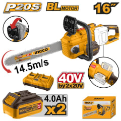 MOTOSIERRA INGCO INALÁMBRICA 20V C/2 BAT. Y C/CARGADOR DOBLE, BARRA 16