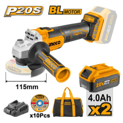 ESMERIL ANGULAR 115 MM INGCO INALAMB. 20V C/2 BAT. C/1 CARGADOR-DISCOS Y BOLSO #CAGLI2011582 (C)