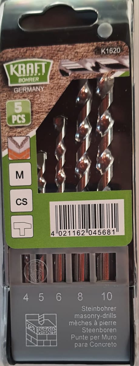 BROCA CONCRETO KRAFT BOHRER GERMANY JGO. 5 PZAS. 4-5-6-8-10 MM 0