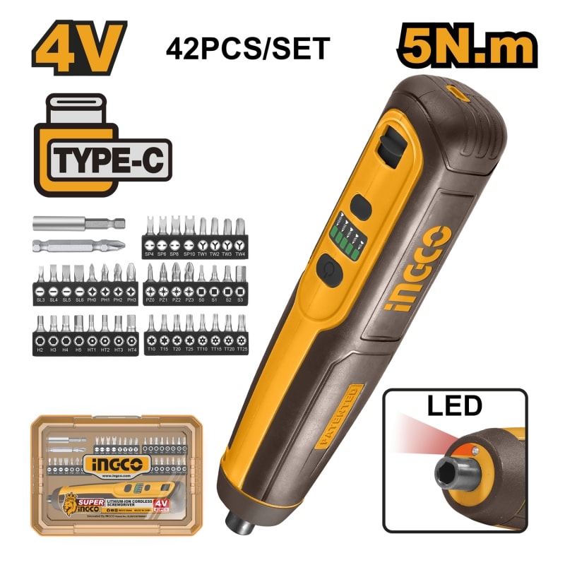 ATORNILLADOR INALÁMBRICO INGCO 4V SIN CABLE USB C/42 ACCESORIOS #CSDLI04063