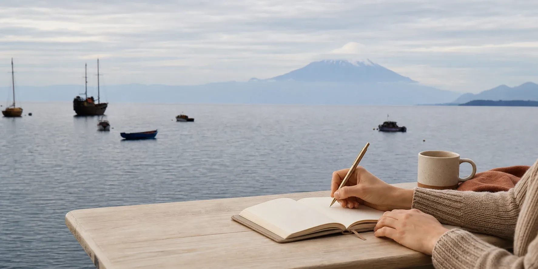 Manos escribiendo junto al lago Llanquihue y el volcán Osorno