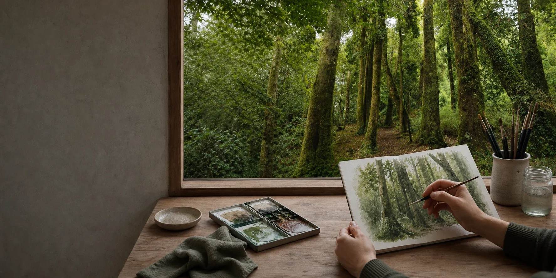 Manos pintando frente a un bosque valdiviano