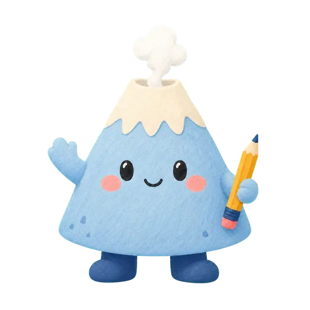 Volcanito, la mascota de Volcán de Papel, saludando con un lápiz