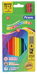 12 lápices de colores hexagonales + 2 lápices grafito + sacapuntas torre
