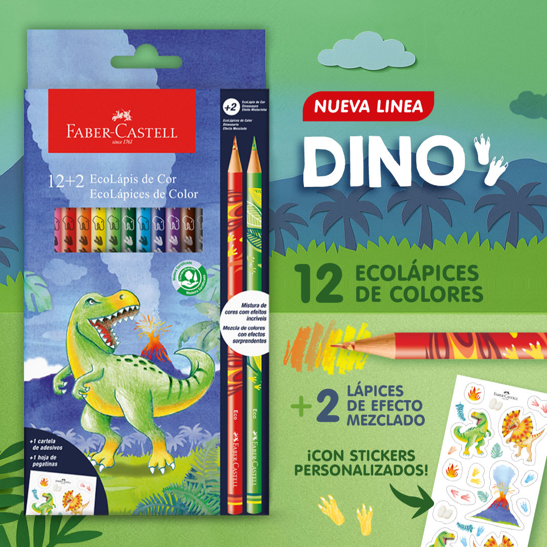 12 lápices de colores redondos +2 lápices mix dinosaurio Faber-Castell2